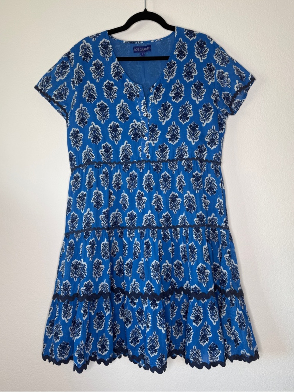 Ro’s Garden Blue Floral Cotton Sleeveless V Neck Lined Dress Size L - Picture 1 of 15